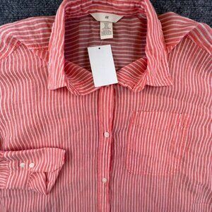 H&M Orange White Striped Long Sleeve Small Button Up Shirt Women Cotton